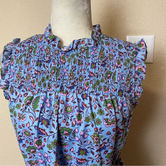 Boden Periwinkle Blue Floral Sleeveless Smocked Belted Cotton Mini Dress Size 6 - Picture 3 of 11